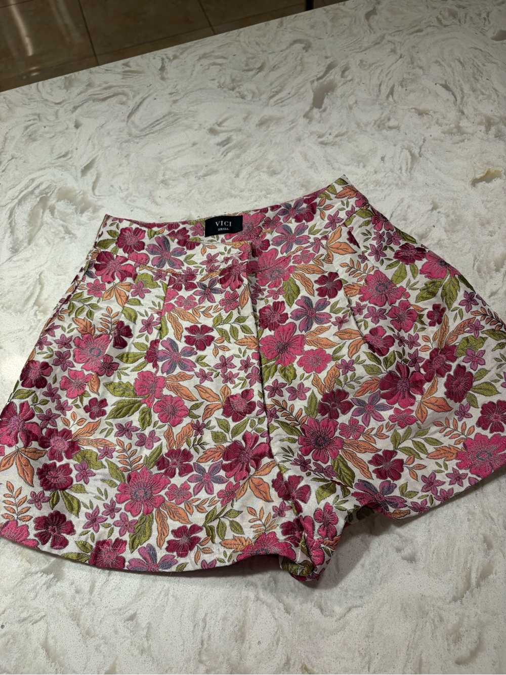 Vici Floral Jacquard High-Waist Shorts in Pink, Green & Cream
